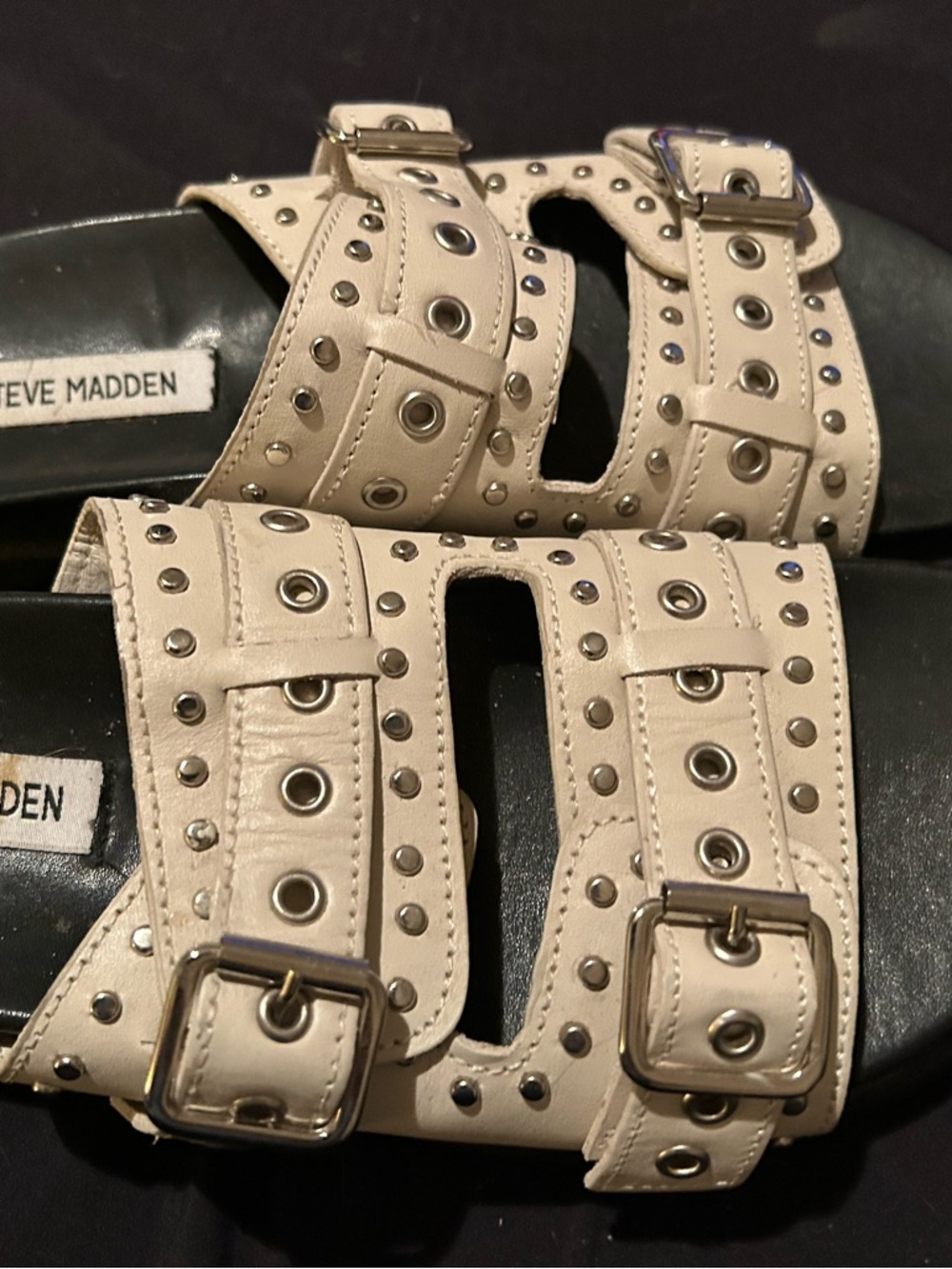 Steve Madden Beige Studded Double Buckle Slide Sandals - Picture 5 of 6